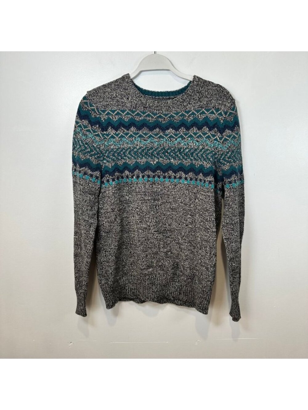 Urban Pipeline Crewneck Sweater Medium Gray Blue Fair Isle Knit Mens